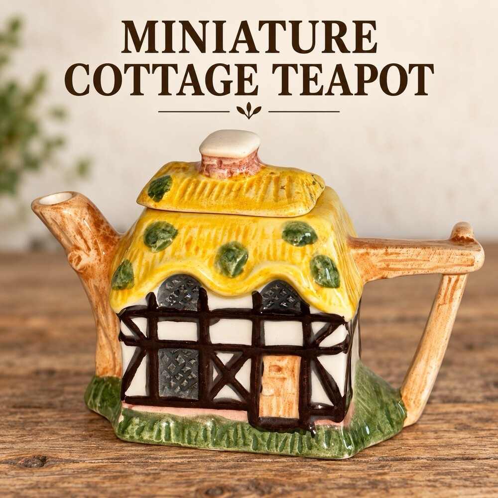 Miniature Tudor Cottage Teapot Yellow Thatched Roof Ceramic House With Lid